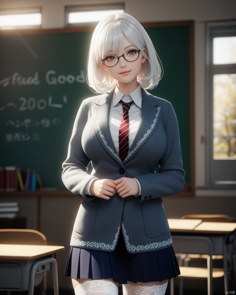  masterpiece, best quality, delicate face, pretty girl, coat,white shirt, skirt, white lace thighhighs, interior, teacher, classroom, chalkboard with word" good good study day day up", smile, glasses, perfect figure, Slim figure,white hair, big breasts, chest tightness, backlight, first-class, low key,warm theme, bright and colorful tones, 3D, high resolution, 1 girl, gorgeously dressed, transparent,sweater,printlegwear,bokeh,刘诗诗