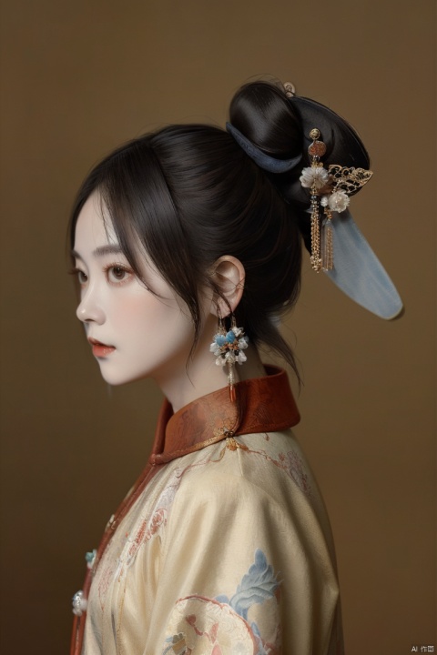 masterpiece,bestquality,close-up,,princess of the qing dynasty,hair_bun,qing dynasty clothing,portrait,ancient china,solid color background,