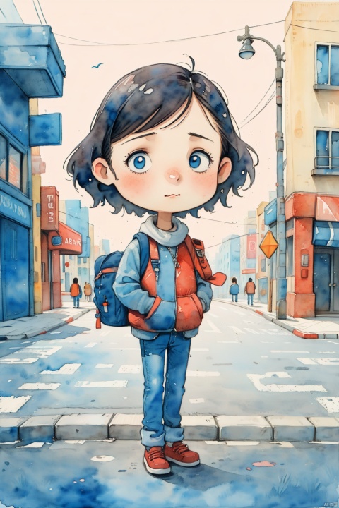best quality,masterpiece,watercolor (medium),girl on the street