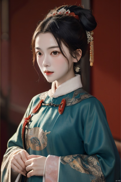  red,masterpiece,bestquality,close-up,,princess of the qing dynasty,hair_bun,qing dynasty clothing,portrait,ancient china,solid color background,