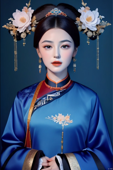 best quality,masterpiece,women of the qing dynasty,blue background,