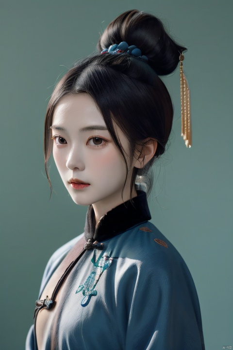  blue,masterpiece,bestquality,close-up,,princess of the qing dynasty,hair_bun,qing dynasty clothing,portrait,ancient china,solid color background,