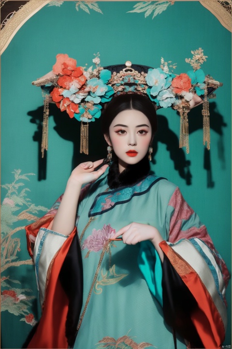  best quality,masterpiece,women of the qing dynasty,cyan background,