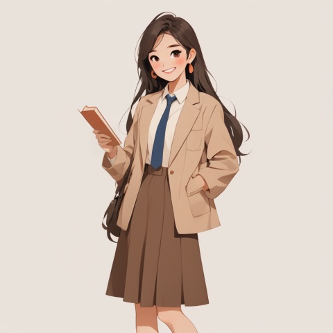  ( ji jian ), 1 girl, solo, teacher lecturing, long hair, whole body, brown hair, skirt, standing, smile, brown eyes, color fashion suit, powder blusher, smile, simple background, various standing positions, high quality, high picture quality,