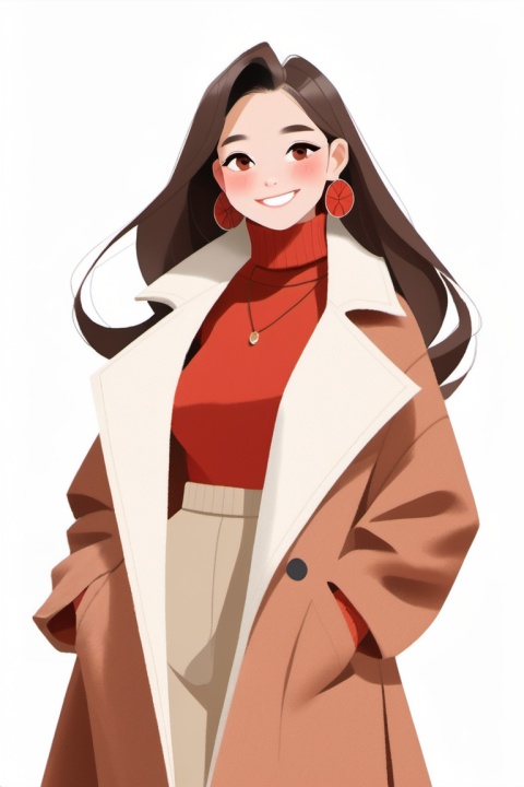 ( ji jian ), 1girl, solo, jewelry, long hair, earrings, smile, sweater, white background, powder blusher, brown hair, simple background, turtleneck sweater, coat, turtleneck, rib sweater, red coat, white sweater, upper body, front view, looking at the camera smile,