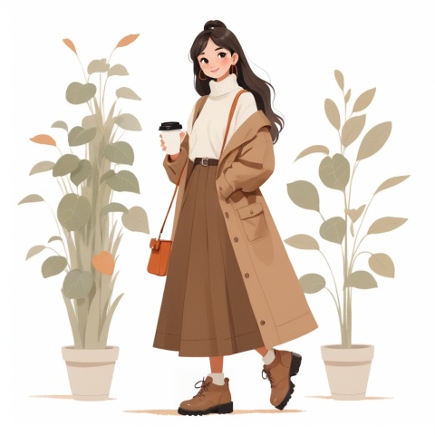  (\ji jian\), 1girl, solo, long hair, hoop earrings, jewelry, earrings, cup, holding, plant, full body, brown hair, holding cup, skirt, standing, smile, brown eyes, disposable cup, coat, bag, brown footwear, sweater, white background, looking at viewer, long sleeves, coffee cup, boots, blush, turtleneck, shoes, simple background, jacket, potted plant, shoulder bag, brown coat, brown skirt, antenna hair, handbag, long skirt, sleeves past wrists, hand in pocket, white sweater, turtleneck sweater