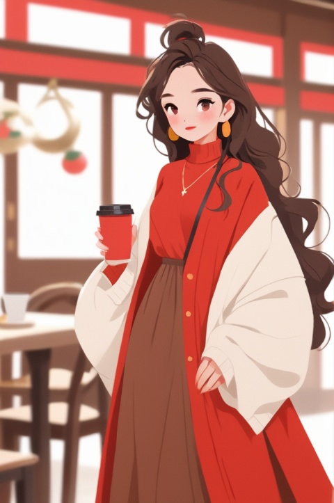 HD, 8k, 1Girl, jewelry, necklace, earrings, whole body, curly hair, brown hair, long hair, red loose sweater dress, long skirt, red and white, Wenxin, Frosty anime style, solid color clothes, coffee