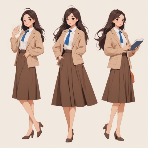 ( ji jian ), 1 girl, solo, teacher lecturing, long hair, whole body, brown hair, skirt, standing, smile, brown eyes, color fashion suit, powder blusher, smile, simple background, various standing positions, high quality, high picture quality,