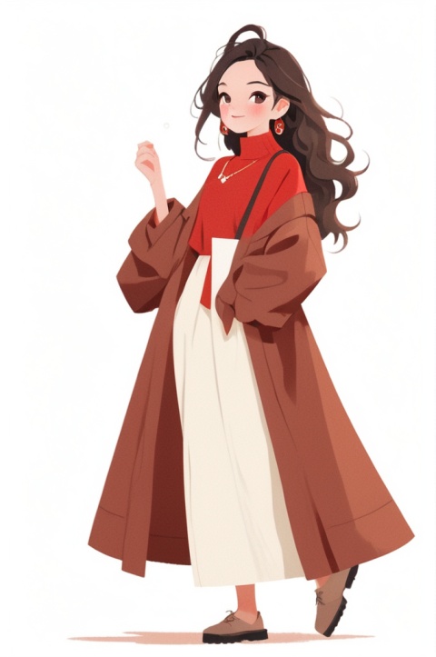 HD, 8k, 1Girl, white background, solid color background, jewelry, necklace, earrings, whole body, curly hair, brown hair, long hair, red loose sweater dress, long skirt, red and white, Wenxin, Frosty anime style, solid color clothes, various standing postures,