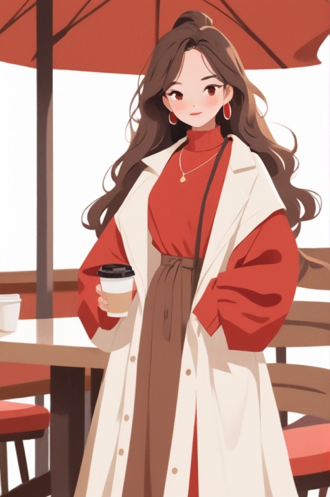 HD, 8k, 1Girl, jewelry, necklace, earrings, whole body, curly hair, brown hair, long hair, red loose sweater dress, long skirt, red and white, Wenxin, Frosty anime style, solid color clothes, coffee