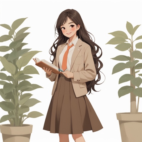 ( ji jian ), 1 girl, solo, teacher lecturing, long hair, plants, whole body, brown hair, skirt, standing, smile, brown eyes, fashion suit, powder blusher, smile,