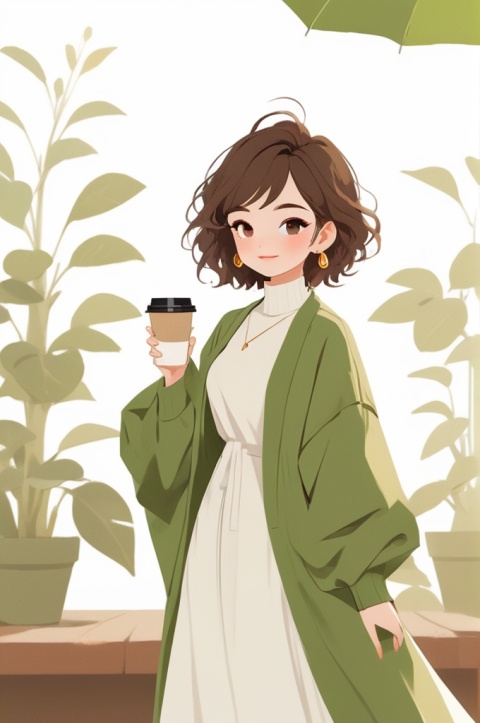  HD,8k,1girl, jewelry,necklace, earrings, many plant, full body, curly hair,brown hair, short hair,green loose sweater dress,long dress,green and white,wenxin,Frosty anime style,solid color clothes,coffee