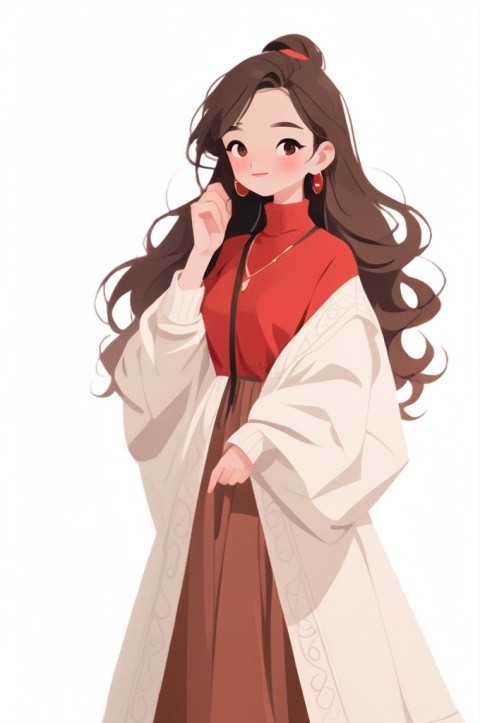  HD, 8k, 1Girl, white background, solid color background, jewelry, necklace, earrings, whole body, curly hair, brown hair, long hair, red loose sweater dress, long skirt, red and white, Wenxin, Frosty anime style, solid color clothes, various standing postures,