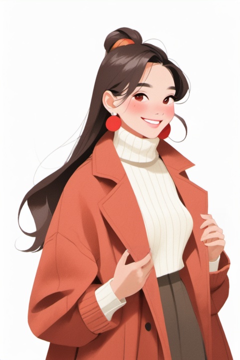 ( ji jian ), 1girl, solo, jewelry, long hair, earrings, smile, sweater, white background, powder blusher, brown hair, simple background, turtleneck sweater, coat, turtleneck, rib sweater, red coat, white sweater, split lip, upper body, front view, looking at the camera smile,