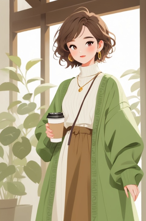  HD,8k,1girl, jewelry,necklace, earrings, many plant, full body, curly hair,brown hair, short hair,green loose sweater dress,long dress,green and white,wenxin,Frosty anime style,solid color clothes,coffee
