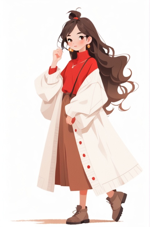  HD, 8k, 1Girl, white background, solid color background, jewelry, necklace, earrings, whole body, curly hair, brown hair, long hair, red loose sweater dress, long skirt, red and white, Wenxin, Frosty anime style, solid color clothes, various standing postures,