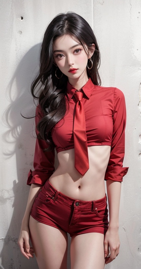  Best quality,masterpiece, 1girl,red shirt, (Tie), Exposed thighs, exposed navel