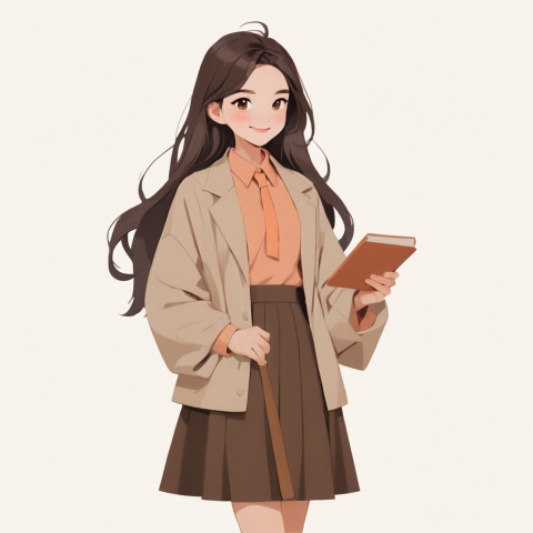 ( ji jian ), 1 girl, solo, teacher lecturing, long hair, whole body, brown hair, skirt, standing, smile, brown eyes, color fashion suit, powder blusher, smile, simple background, various standing positions, high quality, high picture quality,