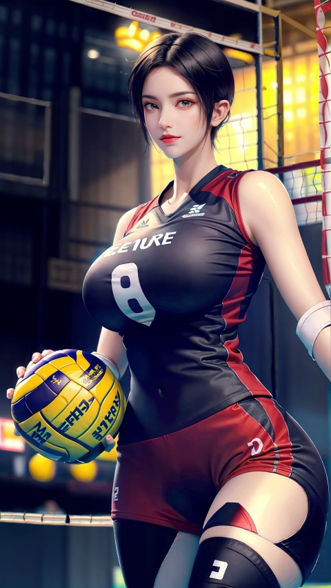  1girl, (volleyball uniform:1.3), smile, holding volleyball, milf, mature female, short hair, (gigantic breasts:1.2), skindentation, tall ,narrow waist, thighs, wide hips,eyeliner, eyelashes, perfect face, detailed eyes, facial lighting, indoor stadium, audience, crowd, looking at viewer(masterpiece, high quality:1.2)