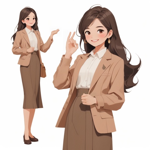 ( ji jian ), 1 girl, solo, teacher lecturing, long hair, whole body, brown hair, skirt, standing, smile, brown eyes, color fashion suit, powder blusher, smile, simple background, explaining standing posture,