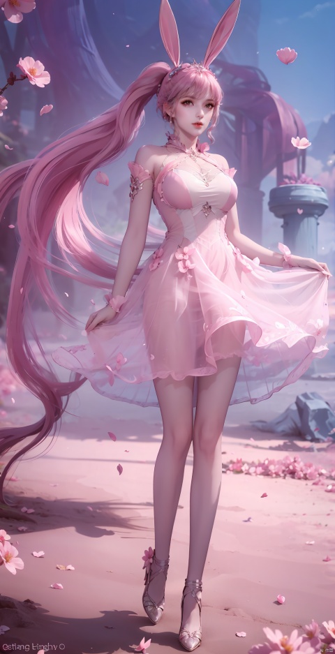 pink hair, 1girl, solo, long hair, dress, animal ears,, full body, ponytail, flower, barefoot, bunny ears, collar, petals, bare legs, pink dress, light, falling petals, metal collar