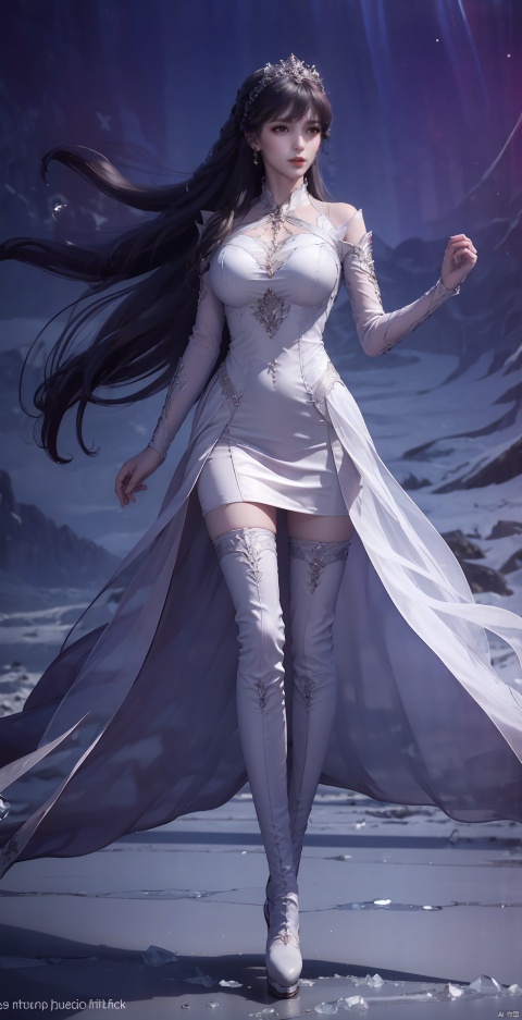 1girl, solo, long hair, breasts, thighhighs, dress, very long hair, , full body, boots, thigh boots, ice, crystal