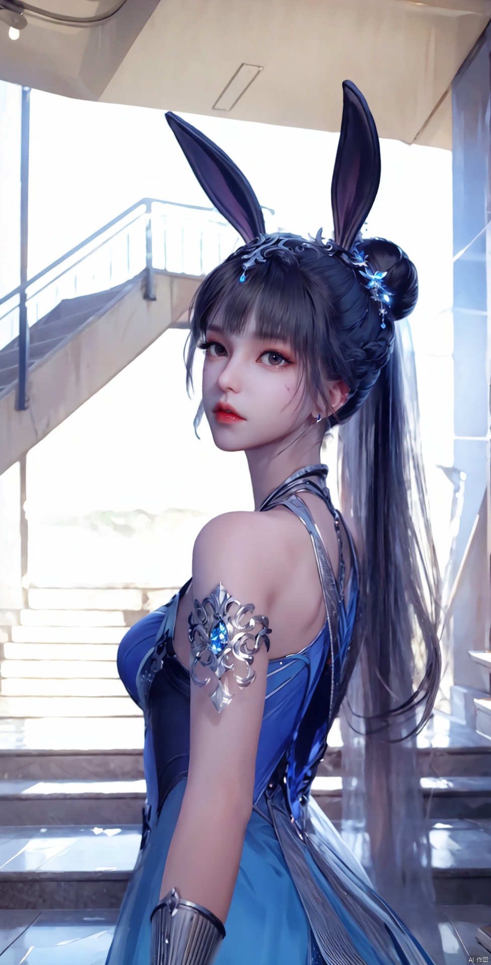  rabbit ears,1girl, solo, long hair, blue eyes, black hair, hair ornament, dress, bare shoulders, jewelry, upper body, earrings, hair bun, blue dress, facial mark, stairs