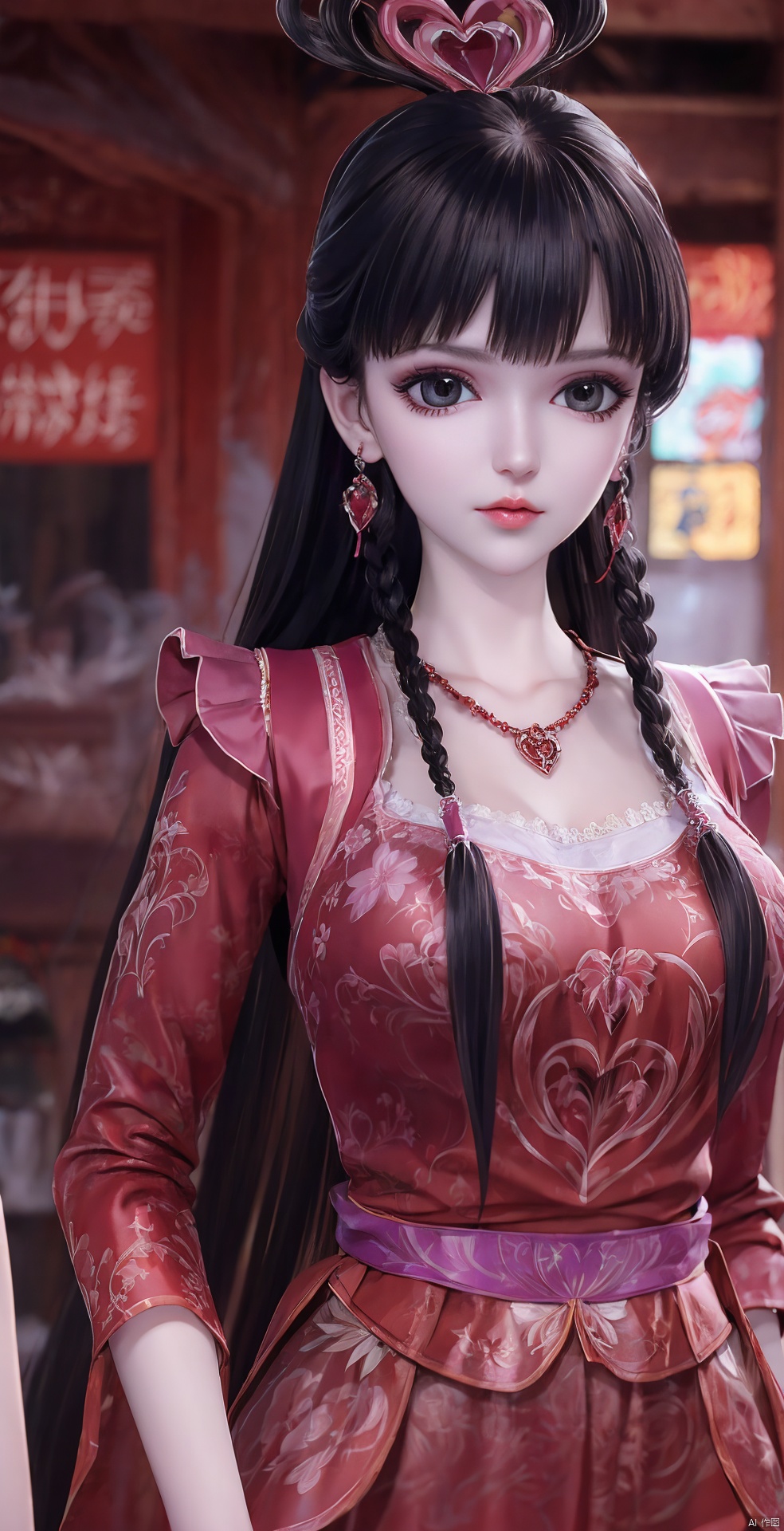  1girl, solo, long hair, looking at viewer, black hair, hair ornament, red eyes, long sleeves, dress, holding, jewelry, upper body, earrings, necklace, blurry, blurry background, facial mark, chinese clothes, red dress, veil, skull, forehead mark, red lips, holding skull