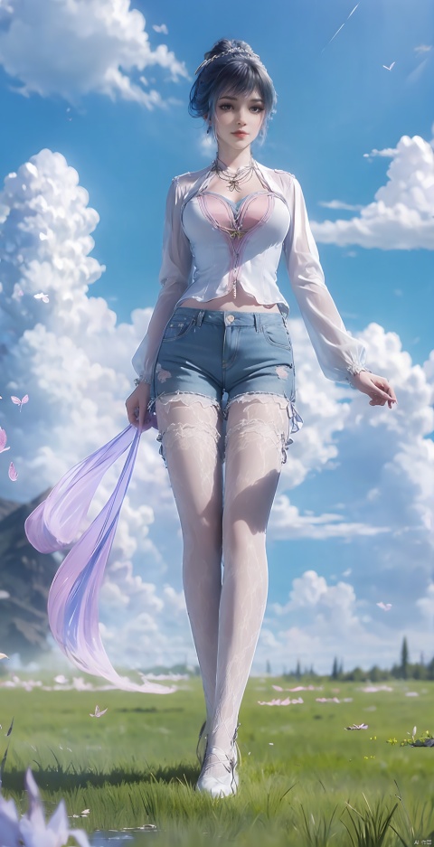  
,1 girl, solo, long hair, looking at audience, bangs, , shirt, long sleeves, belly button, standing, white shirt, outdoor, sky, shorts, day, belly, clouds, necklace, blue sky, lips, short top, rags, shorts, feet out of frame, leaves, watermarks, grass, denim, wind, architecture, denim shorts, realistic, tailoring, fallen leaves, blackpantyhose, 1girl, lace lolita