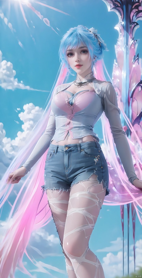  blue hair,blue hair,pink hair,halo
,1 girl, solo, long hair, looking at audience, bangs, , shirt, long sleeves, belly button, standing, white shirt, outdoor, sky, shorts, day, belly, clouds, necklace, blue sky, lips, short top, rags, shorts, feet out of frame, leaves, watermarks, grass, denim, wind, architecture, denim shorts, realistic, tailoring, fallen leaves, blackpantyhose, 1girl, lace lolita, powa