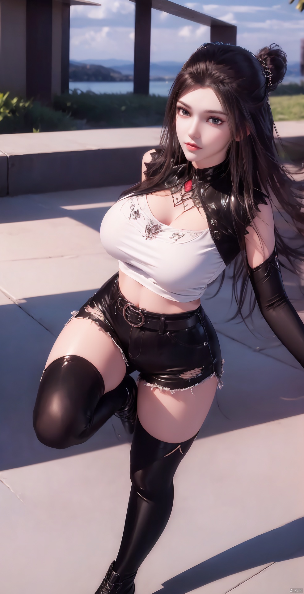 1 girl, alone, long hair, looking at the viewer, charming smile, shirt, belly button, standing, full body, white shirt, boots, outdoor, shorts, sleeveless, day, belly, belt, black shoes, flat toe, none Sleeve shirt, black shorts, legs up, standing on one leg, slit, standing slit