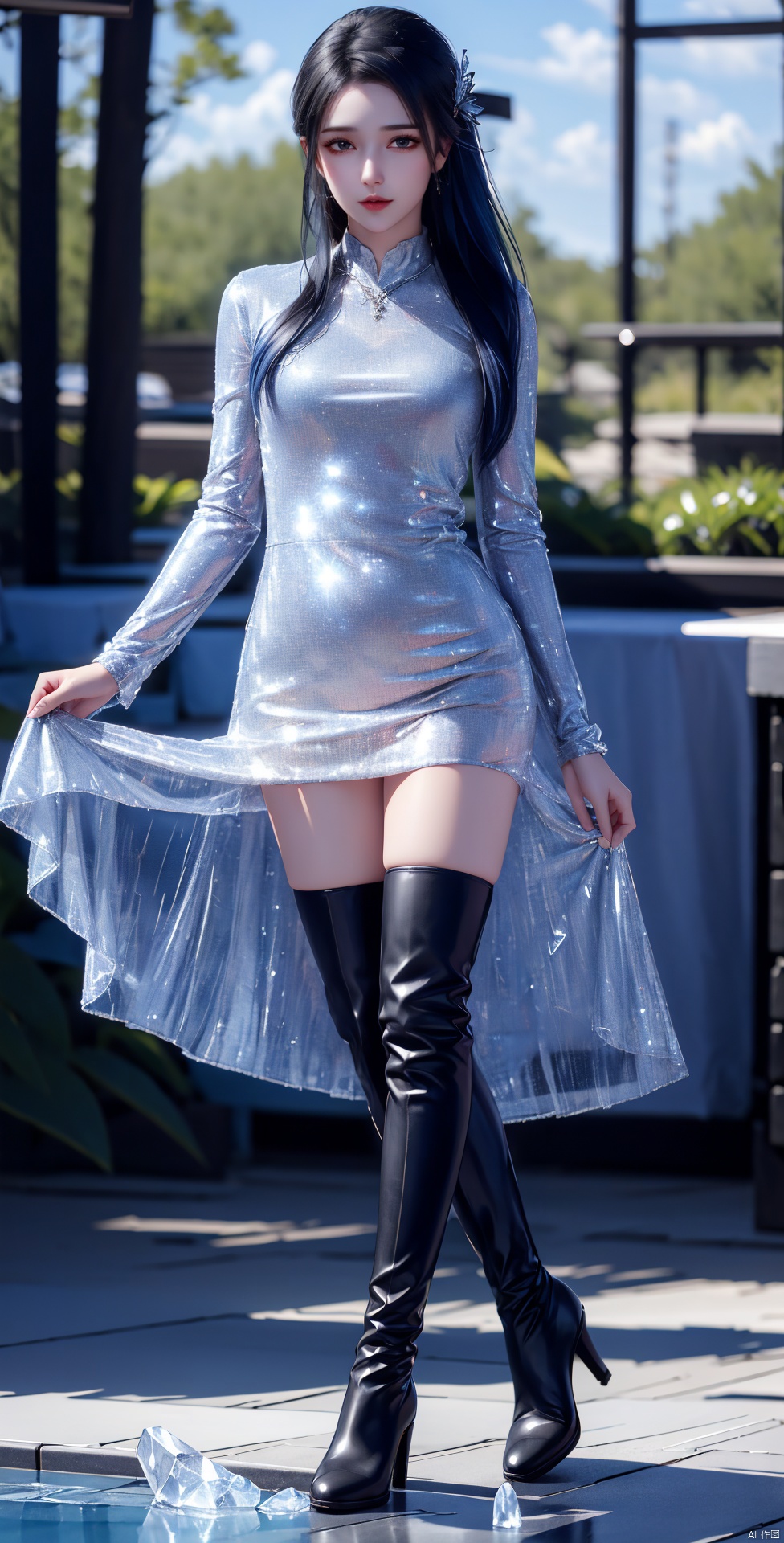 blue hair,blue hair,blue hair
,1girl, solo, long hair, breasts, thighhighs, dress, very long hair, blue hair, full body, boots, thigh boots, ice, crystal