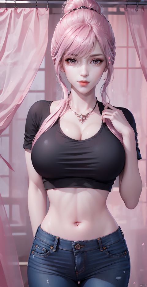  1girl,pink hair
,black_shirt,blue_pants,breasts,curtains,denim,hair_bun,jeans,looking_at_viewer,midriff,navel,on_back,pants,red_background,shirt,solo