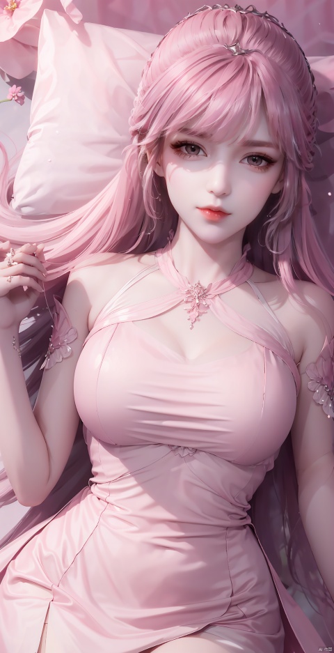 pink hair,With tears in her eyes
, 1 girl, solo, long hair, looking at viewer, dress, upper body, flower, lying, supine, pink dress, leaves, reality