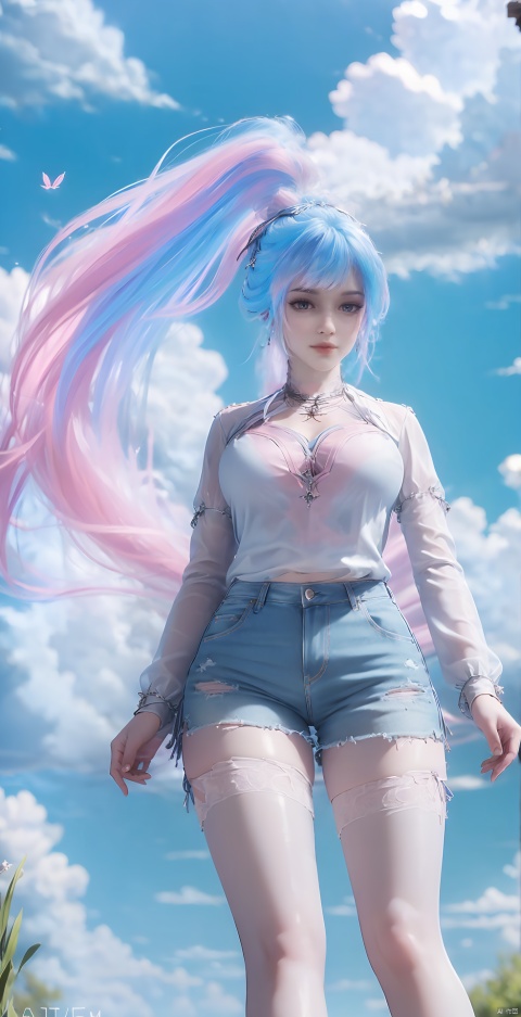  blue hair,pink hair,halo
,1 girl, solo, long hair, looking at audience, bangs, , shirt, long sleeves, belly button, standing, white shirt, outdoor, sky, shorts, day, belly, clouds, necklace, blue sky, lips, short top, rags, shorts, feet out of frame, leaves, watermarks, grass, denim, wind, architecture, denim shorts, realistic, tailoring, fallen leaves, blackpantyhose, 1girl, lace lolita