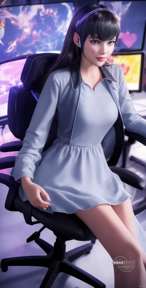 short dress,long legs,i heart...,Headphones, sitting in front of the computer, eSports girl, 1 girl, keep your mouth shut,:), charming smile,  long hair, game chair, headphones,
