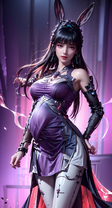  rabbit ears,long skirt,pregnant,masterpiece, best quality, 8k, concept art, Thought-Provoking Aunt of Blood, intricate details, holding a gun, weapon, JoJo pose, Straps, Rings, Gloves, Low shutter, (Violet power aura:1.2), most beautiful artwork in the world, aesthetics, atmosphere, (neon,cyborg:1.1), fantasy,1girl