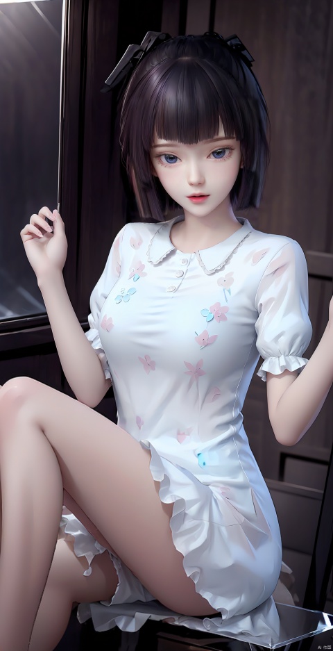 sitting, dress, chinese_clothes, long_sleeves, looking_at_viewer, (8k, RAW photo, best_quality),(highly_detailed),(masterpiece:1.2),(ultra-detailed),(extremely_detailed_cg_8k_wallpaper),(realistic:1.2),(photorealistic:1.3),(school, classroom, chalkboard, potted_plant, flower_pot, day),1girl, solo, black_hair, short_hair, hair_ornament, blunt_bangs, eyeshadow, eyelashes, jewelry, earrings, makeup, cleavage, shirt, short_sleeves, white_legwear,fingernails,nail_polish,medium_shot,(crystal_texture_skin:1.3),(shiny_skin:1.4),(an_extremely_delicate_and_beautiful),,