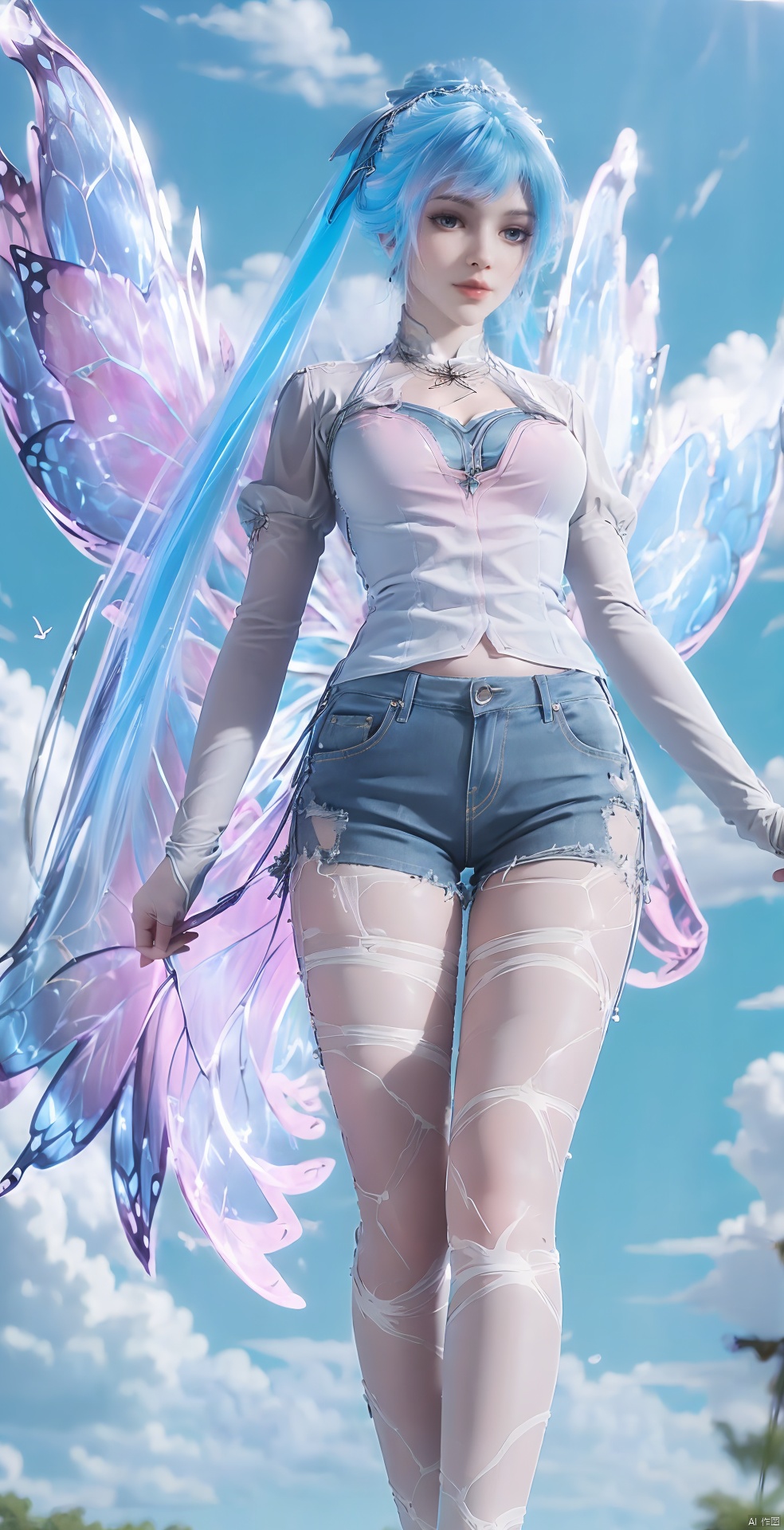  blue hair,blue hair,pink hair,halo,butterfly wings
,1 girl, solo, long hair, looking at audience, bangs, , shirt, long sleeves, belly button, standing, white shirt, outdoor, sky, shorts, day, belly, clouds, necklace, blue sky, lips, short top, rags, shorts, feet out of frame, leaves, watermarks, grass, denim, wind, architecture, denim shorts, realistic, tailoring, fallen leaves, blackpantyhose, 1girl, lace lolita, powa