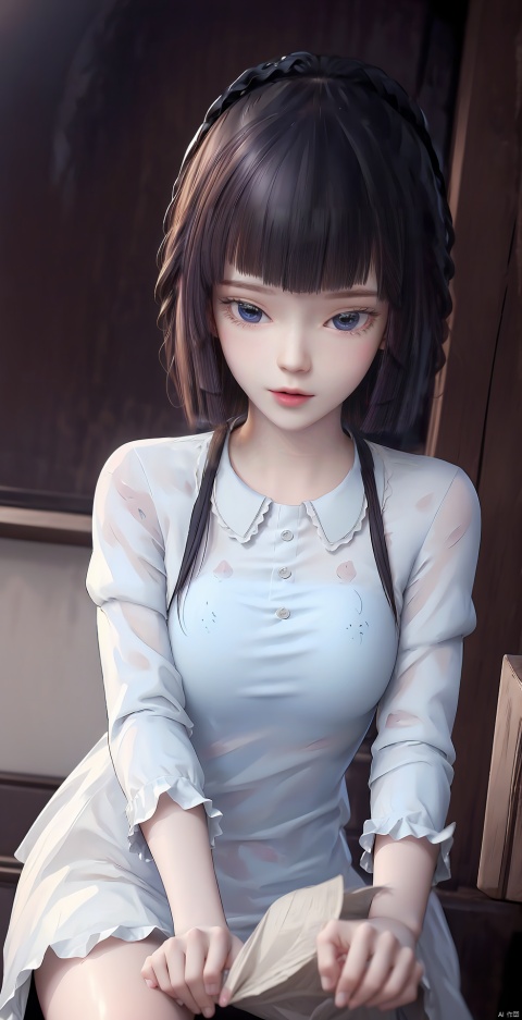 A stunning 8K RAW photo of a young girl sitting in a classroom, looking directly at the viewer with a confident gaze. She wears traditional Chinese clothes with long sleeves and a elegant dress, adorned with hair ornaments and bold eyeshadow. The background features a chalkboard, potted plant, and a bright, sunny day. Her short black hair falls just above her eyebrows, framing her heart-shaped face. A subtle necklace and earrings add to the overall allure. The medium shot captures her beautiful, crystal-textured skin and shiny fingernails with precision-crafted nail polish.