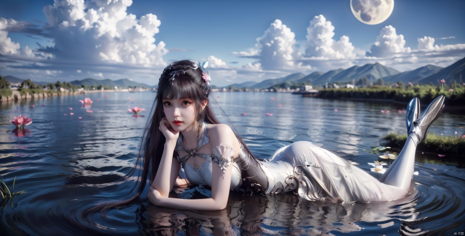  long skirt,lying on water
,1girl, solo, long hair, black hair, hair ornament, dress, full body, flower, lying, sky, cloud, water, white dress, bare legs, moon, bug