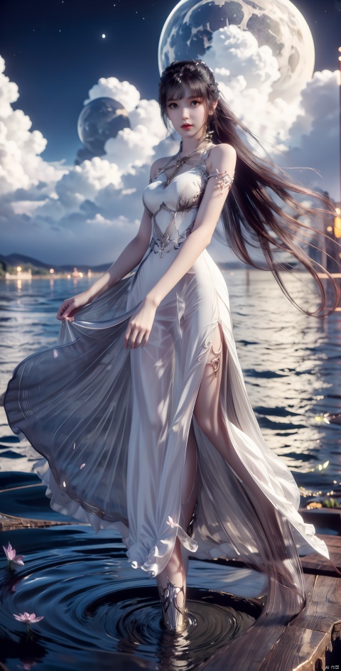 long skirt,long dress
,1girl, solo, long hair, black hair, dress, full body, sky, cloud, water, white dress, petals, bare legs, night, moon, ripples