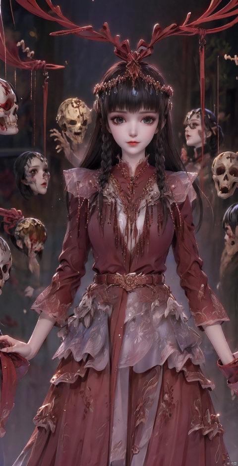  1girl, solo, long hair, looking at viewer, black hair, hair ornament, red eyes, long sleeves, dress, holding, jewelry, upper body, earrings, necklace, blurry, blurry background, facial mark, chinese clothes, red dress, veil, skull, forehead mark, red lips, holding skull,blood on face,horror (theme),skull on head,skull collar,skull belt,full body,blood drip