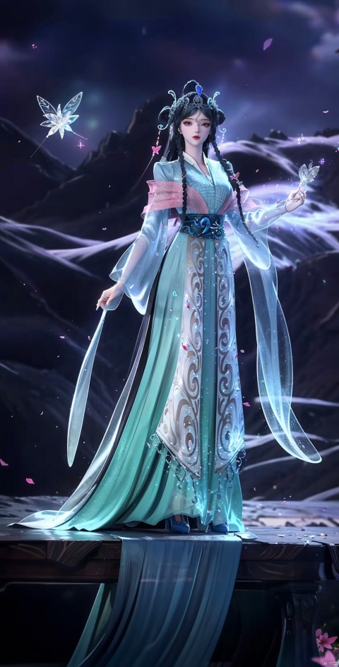  musical note,long skirt,Crystal crystal piano background,, high heels, exquisite and gorgeous Hanfu, a little star surrounded, standing, long legs, long hair scattered behind, the clothes were covered with sparkling diamonds, the floating notes were around, the petals were falling,