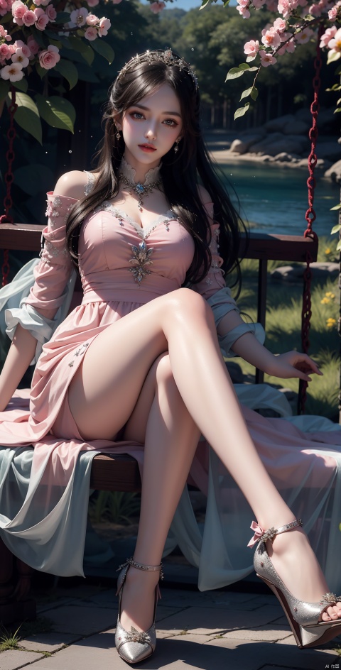 black hair,long hair,HD picture quality, half body, 1 girl, beautiful, beautiful, galaxy, starry sky, very delicate and beautiful, very detailed, unified, 8k, huge file size, super detailed, high A charming smile, ,long hair,Conservative conservative long skirt,long dress,Elaborate floral headgear,sitting,long skirt,princess dress,swing,The highest picture quality, conservative dress, exquisite CG, sitting on a swing wrapped in flowers and vines, water droplets in your hair, beautiful goddess, sparkling starlight, close-ups, exquisite face, exquisite lips, exquisite eyes, exquisite nose, dream, surrounded by pink butterflies, surrounded by sparkling water droplets, crystal pink crystal, shimmering lake background, rose petals falling, clothes studded with sparkling diamond pearls, high heels, long legsresolution, very detailed, glowing skirt,