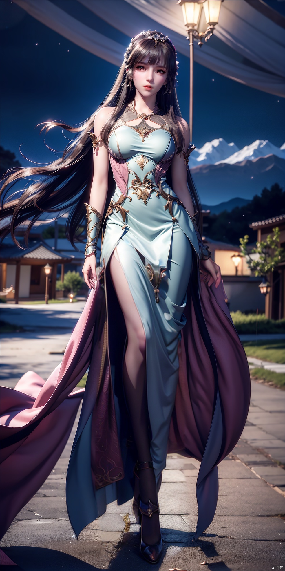  ,long skirt,(8k, RAW photo, best quality, masterpiece:1.2),(super realistic, photo-realistic:1.3),ultra-detailed,extremely detailed cg 8k wallpaper,hatching (texture),skin gloss,light persona,(crystalstexture skin:1.2),(extremely delicate and beautiful),moonlight,black pantyhose,1girl,solo,very long hair,bare shoulders,pink_dress,white_dress,long dress,red_eyes,(full body:1.6),xwhd,looking at viewer,,,ll-hd, xw