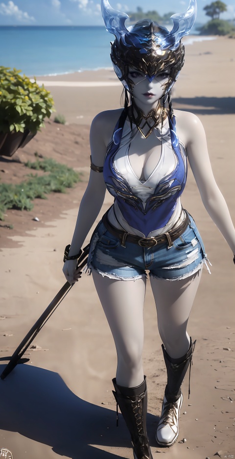 1girl, solo, long hair, breasts, looking at viewer, smile, large breasts, brown hair, shirt, black hair, cleavage, bare shoulders, brown eyes, full body, boots, outdoors, shorts, sleeveless, day, lips, bare arms, black shirt, short shorts, watermark, white footwear, tank top, denim, ground vehicle, motor vehicle, denim shorts, realistic, road, motorcycle