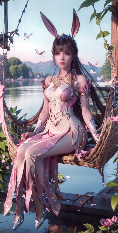 rabbit ears,long hair,Conservative conservative long skirt,Elaborate floral headgear,sitting,long skirt,princess dress,swing,The highest picture quality, conservative dress, exquisite CG, sitting on a swing wrapped in flowers and vines, water droplets in your hair, beautiful goddess, sparkling starlight, close-ups, exquisite face, exquisite lips, exquisite eyes, exquisite nose, dream, surrounded by pink butterflies, surrounded by sparkling water droplets, crystal pink crystal, shimmering lake background, rose petals falling, clothes studded with sparkling diamond pearls, high heels, long legs