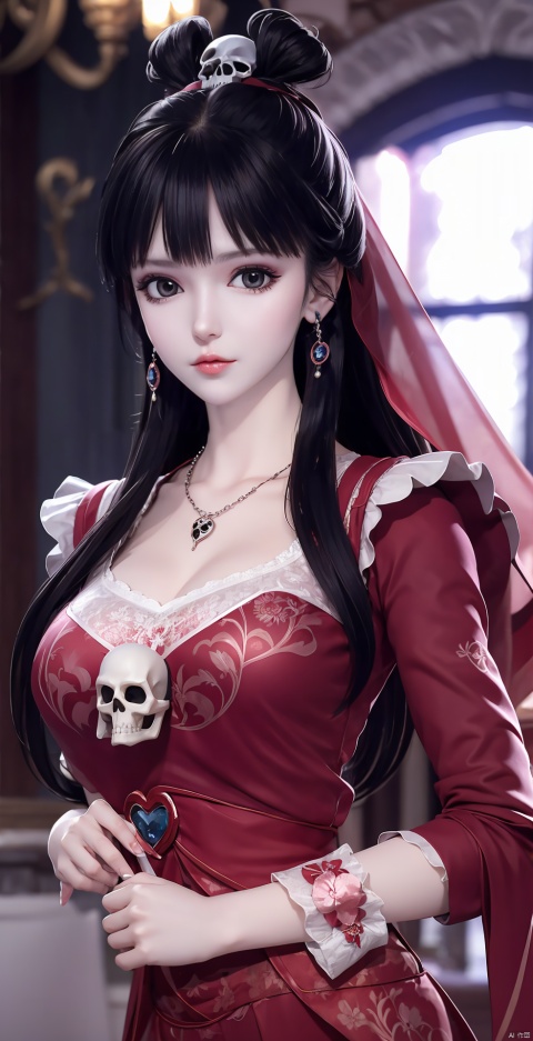 1girl, solo, long hair, looking at viewer, black hair, hair ornament, red eyes, long sleeves, dress, holding, jewelry, upper body, earrings, necklace, blurry, blurry background, facial mark, chinese clothes, red dress, veil, skull, forehead mark, red lips, holding skull
