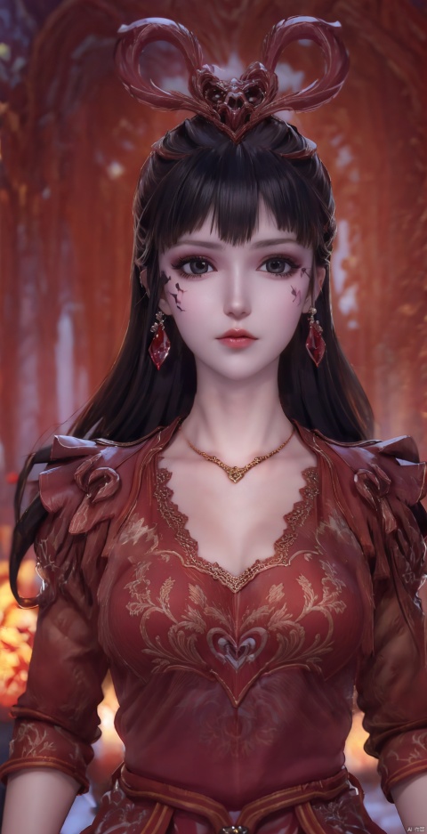  1girl, solo, long hair, looking at viewer, black hair, hair ornament, red eyes, long sleeves, dress, holding, jewelry, upper body, earrings, necklace, blurry, blurry background, facial mark, chinese clothes, red dress, veil, skull, forehead mark, red lips, holding skull, NYDarkHalloween